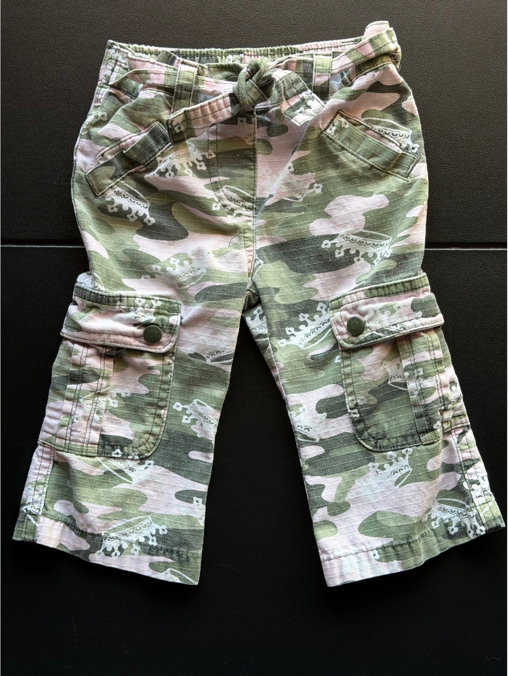 Vintage Y2K Koala Kids 12M Pink Camo Cargo Pants Crown Print Belt 2000s